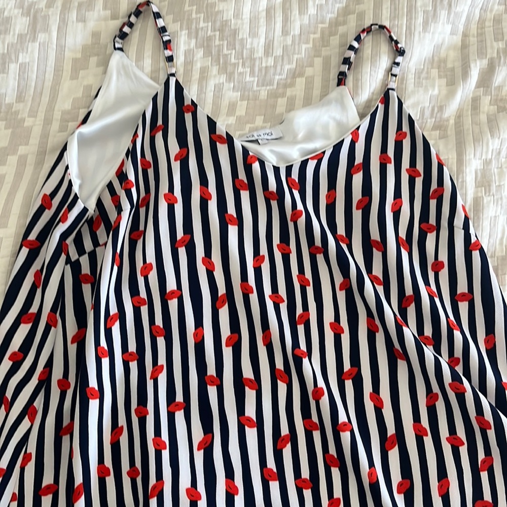 Toi et Moi stripe lips kiss pattered drop waist dress L blue white red